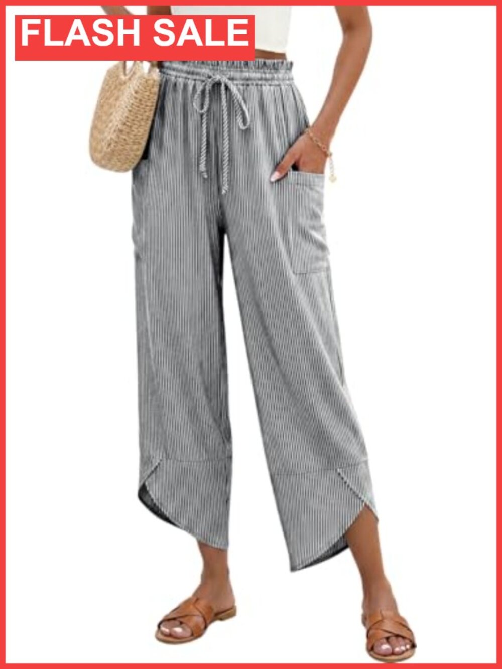 Linen Blend Wide Leg Cropped Palazzo Pants Drawstring Pockets